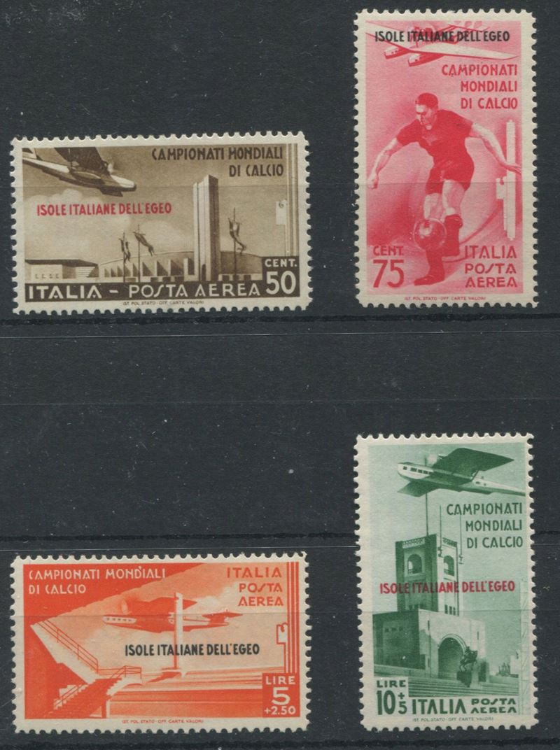 1934 - Egeo - Emissioni Generali - Calcio - Posta Aerea - Serie cpl. gomma integra (Sass. S.35).  - Asta Filatelia e Storia Postale - Cambi Casa d'Aste