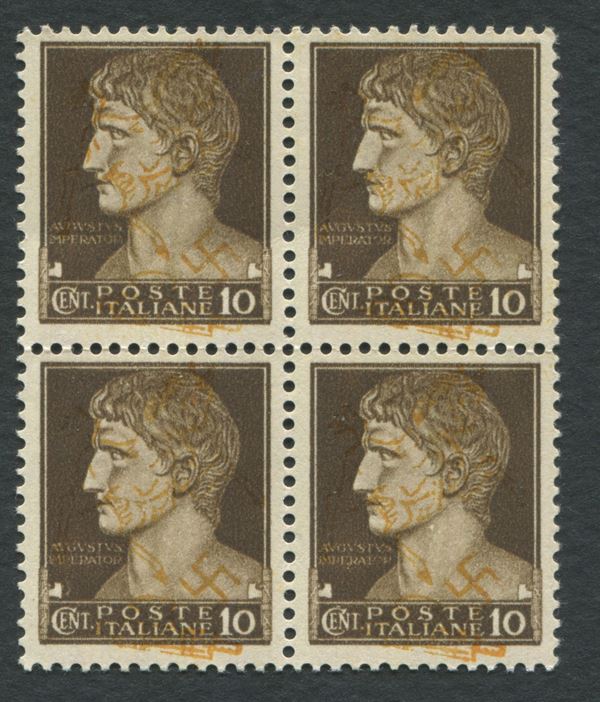 1943 - Luogotenenza - Napoli - Saggio serie “Imperiale” 10c. Soprastampa arancio a mano effettuata presso la Tipografia Raimondi di Napoli.