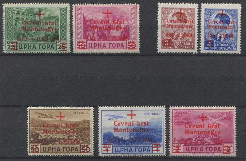 1944 - Occupazioni straniere di territori italiani - Occupazione tedesca del Montenegro - Francobolli di Montenegro soprastampati in rosso in lingua serba (Sass. S.29).  - Auction Philately and Postal History - Cambi Casa d'Aste
