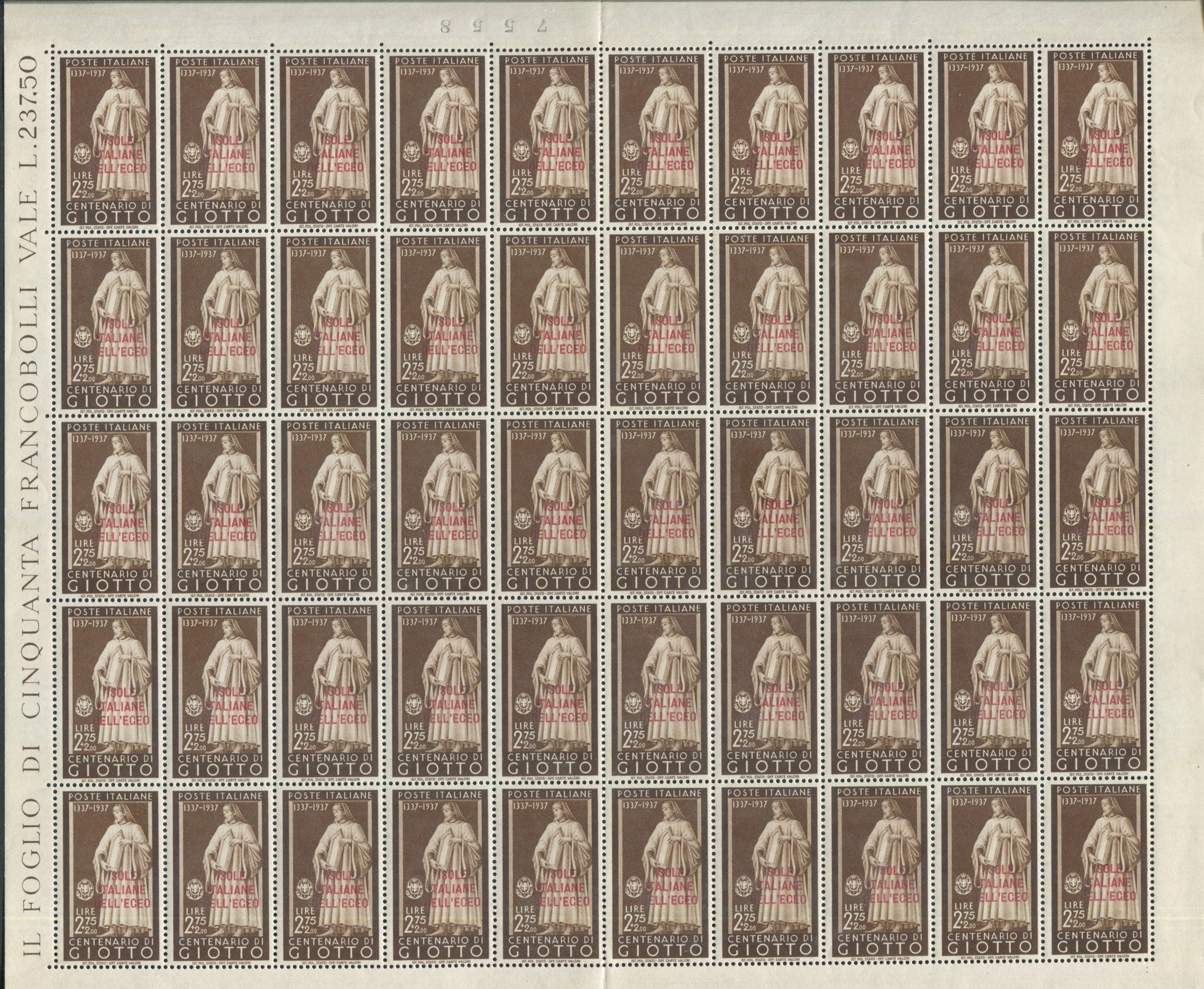 1938 - Egeo - Emissioni Generali - Giotto - i Due Valori in Fogli Cpl. di 50 Esemplari (sass. S.2...