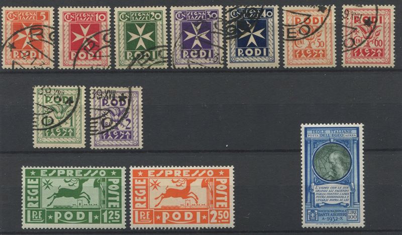 1932-36 - Egeo - piccolo lotto comprendente i segnatasse usati, gli espressi nuovi gomma integra ed il 100l. “Dante Alighieri” P.A. gomma integra (Sass. S.44, S.40 e 21 P.A.)  - Auction Philately and Postal History - Cambi Casa d'Aste