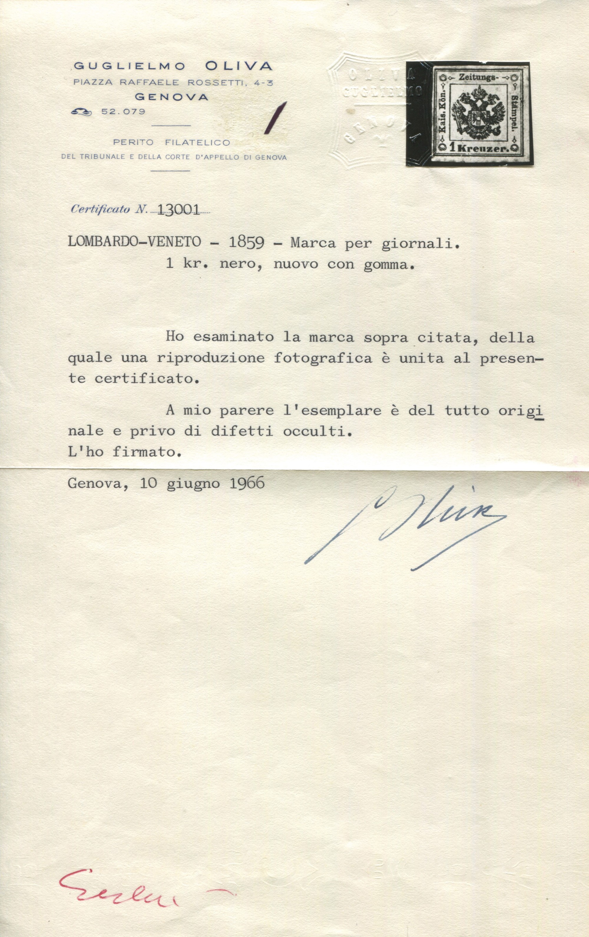 1859 - Lombardo-veneto - Segnatasse per Giornali - 1kr. Nero, Nuovo (sass. 2).
