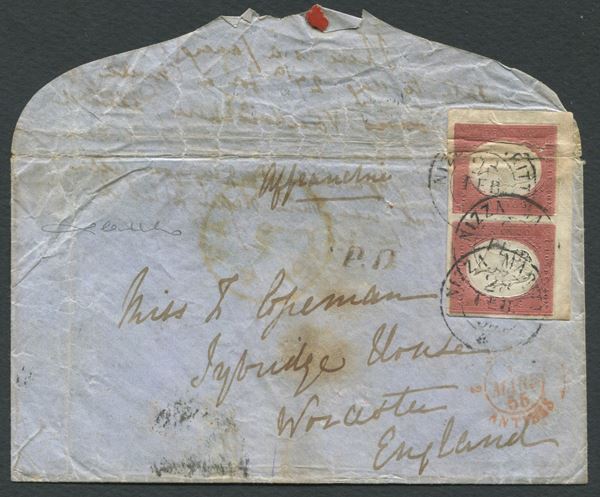 1855 - Regno di Sardegna - III emissione - 40c. rosso mattone (pos. 1 e 2) adf coppia orizzontale (Sass. 9) su lettera da Nizza Marittima a Worcastle del 28 febbraio.