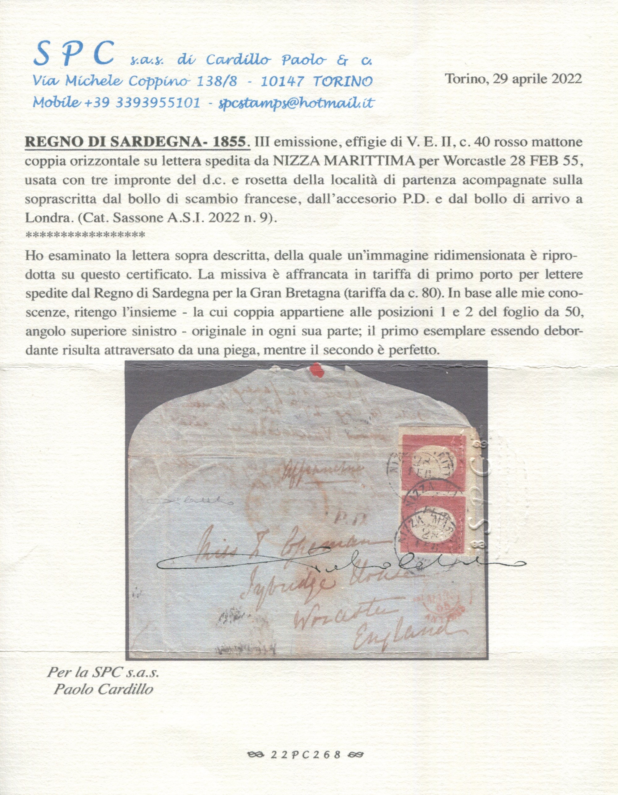 1855 - Regno di Sardegna - III Emissione - 40c. Rosso Mattone (pos. 1 e 2) Adf Coppia Orizzontale...