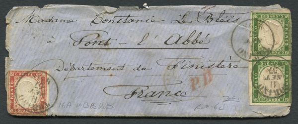 1857 - Regno di Sardegna - IV emissione - 5c. verde scuro coppia  vert. (Sass. 13Ac) e 40c. rosso scarlatto (Sass. 16A) su lettera da Torino a Pont l’Abbé (Francia) dell’11 settembre.