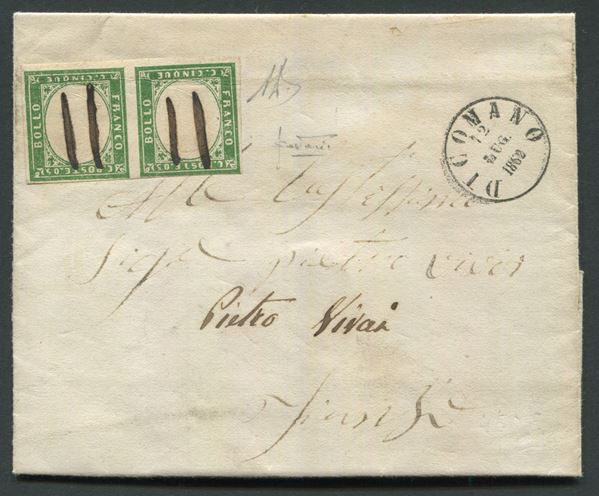 1862 - Regno di Sardegna - IV emissione - 5c. verde scuro coppia orizz. (Sass. 13D) su lettera da Dicomano a Firenze del 12 luglio - Annullo a penna in nero (p.ti 6).