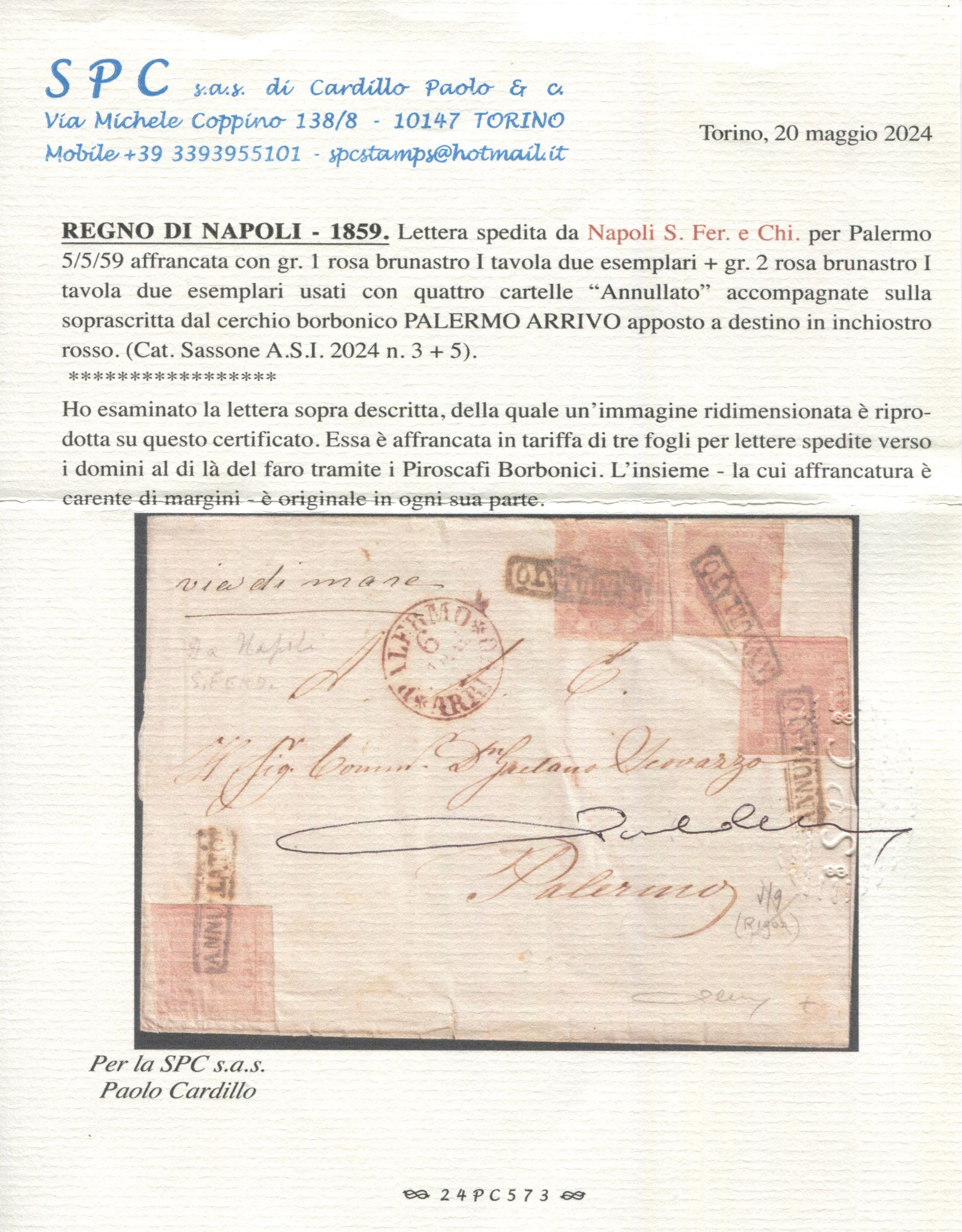 1859 - Regno delle Due Sicilie, Napoli - Due Esemplari del 1gr. Rosa Chiaro i Tavola (sass. 3) e ...