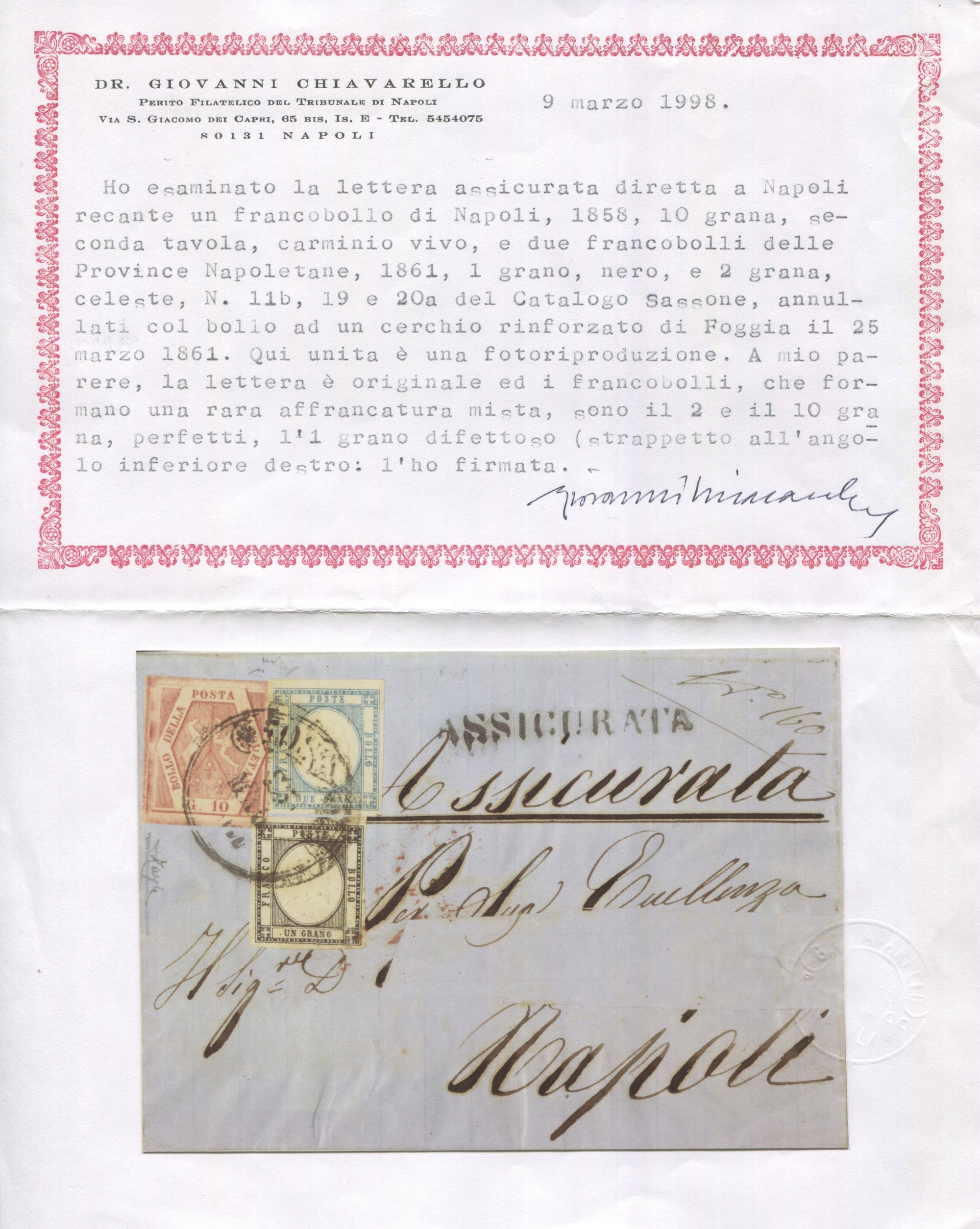 1861 - Regno di Napoli e Province Napoletane -10gr. Carminio Vivo II Tavola (sass. 11b), 1gr. Ner...