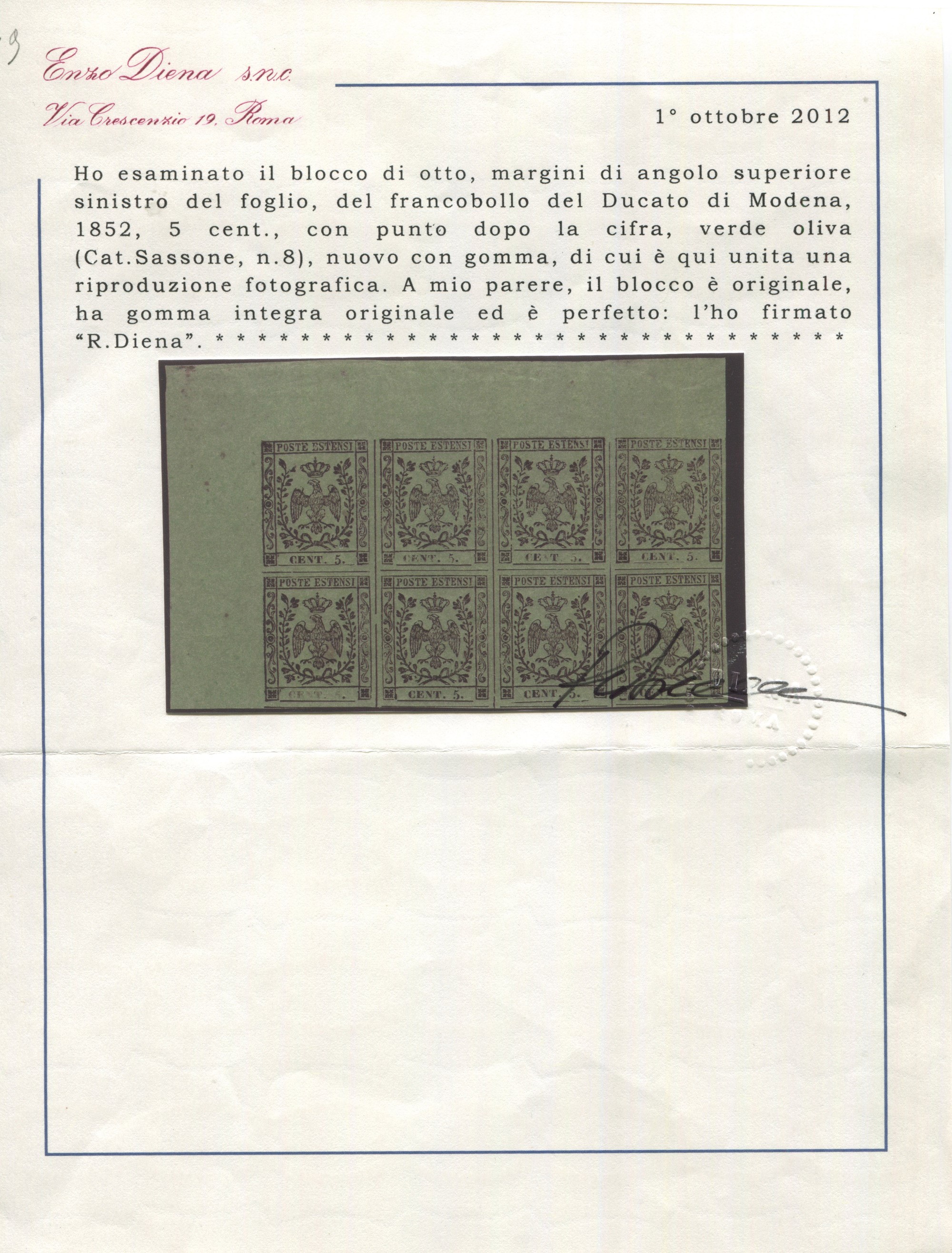 1855 - Ducato di Modena - Blocco di Otto Esemplari, Margine di Foglio Superiore Sinistro, del 5c....