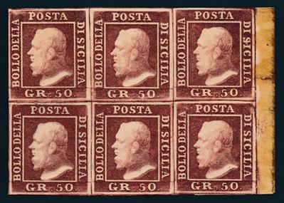 1859 - Regno delle Due Sicilie, Sicilia - Blocco di Sei Esemplari, Bordo di Foglio Destro (pos. 3...