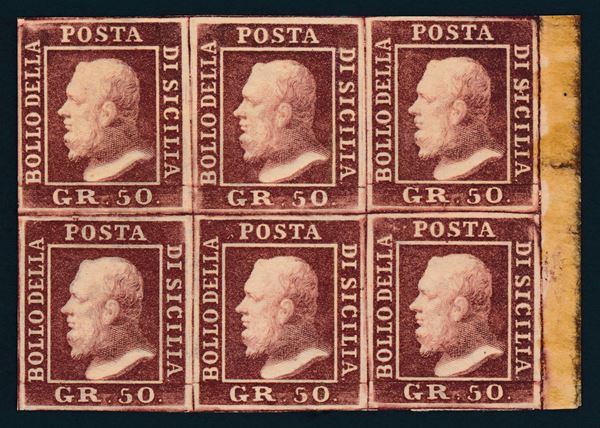 1859 - Regno delle due Sicilie, Sicilia - Blocco di sei esemplari, bordo di foglio destro (pos. 38, 39, 40, 48, 49 e 50), del 50 grana lacca bruno (Sass. 14).