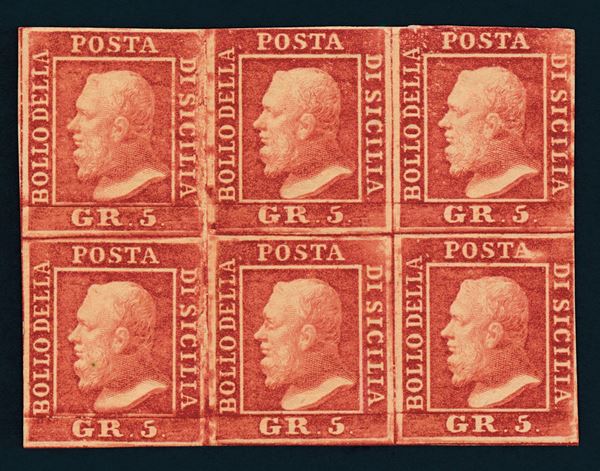 1859 - Regno delle due Sicilie, Sicilia - Blocco di sei esemplari (pos. 75, 76, 77, 85, 86 e 87) del 5 grana rosso sangue (Sass. 9c)