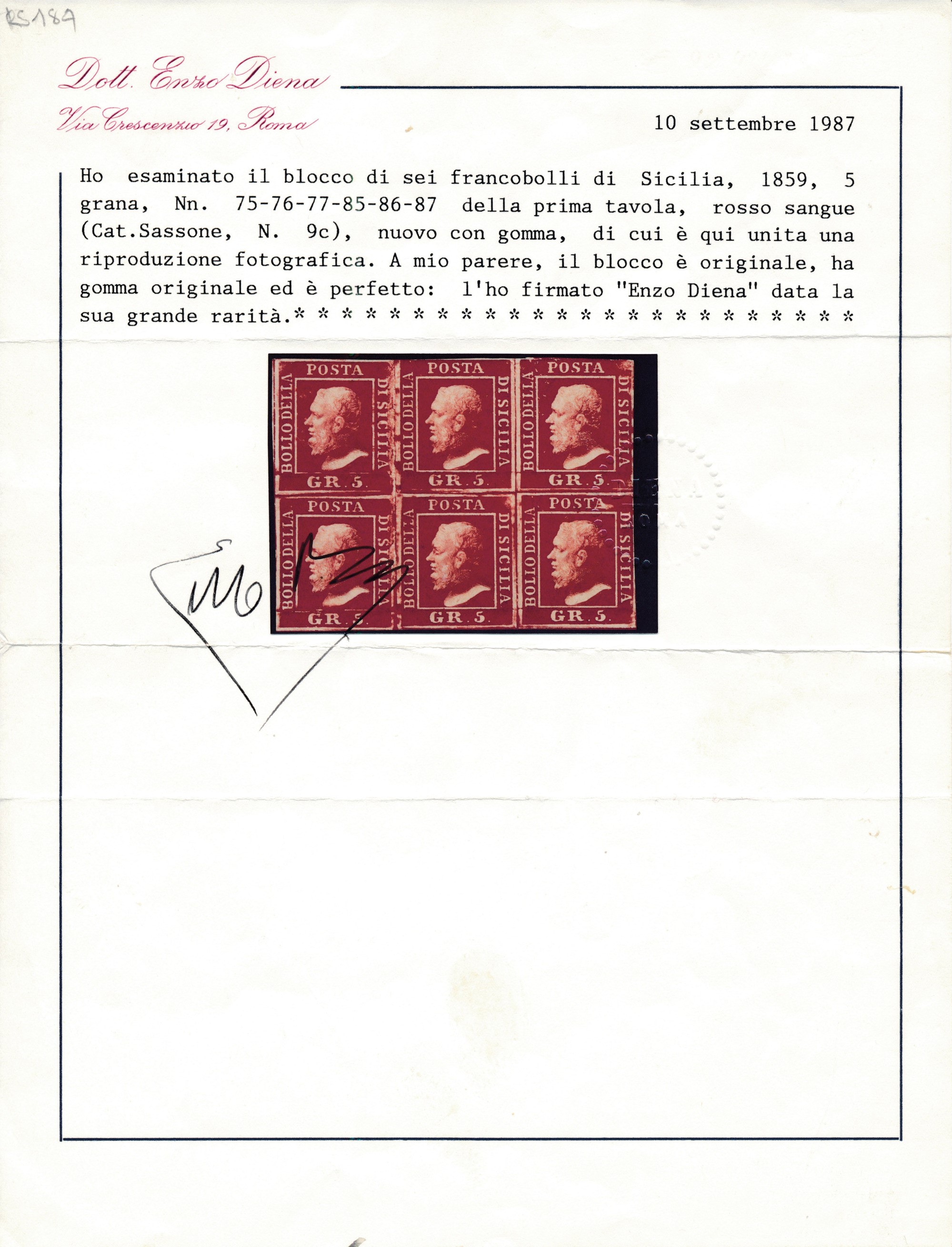 1859 - Regno delle Due Sicilie, Sicilia - Blocco di Sei Esemplari (pos. 75, 76, 77, 85, 86 e 87) ...