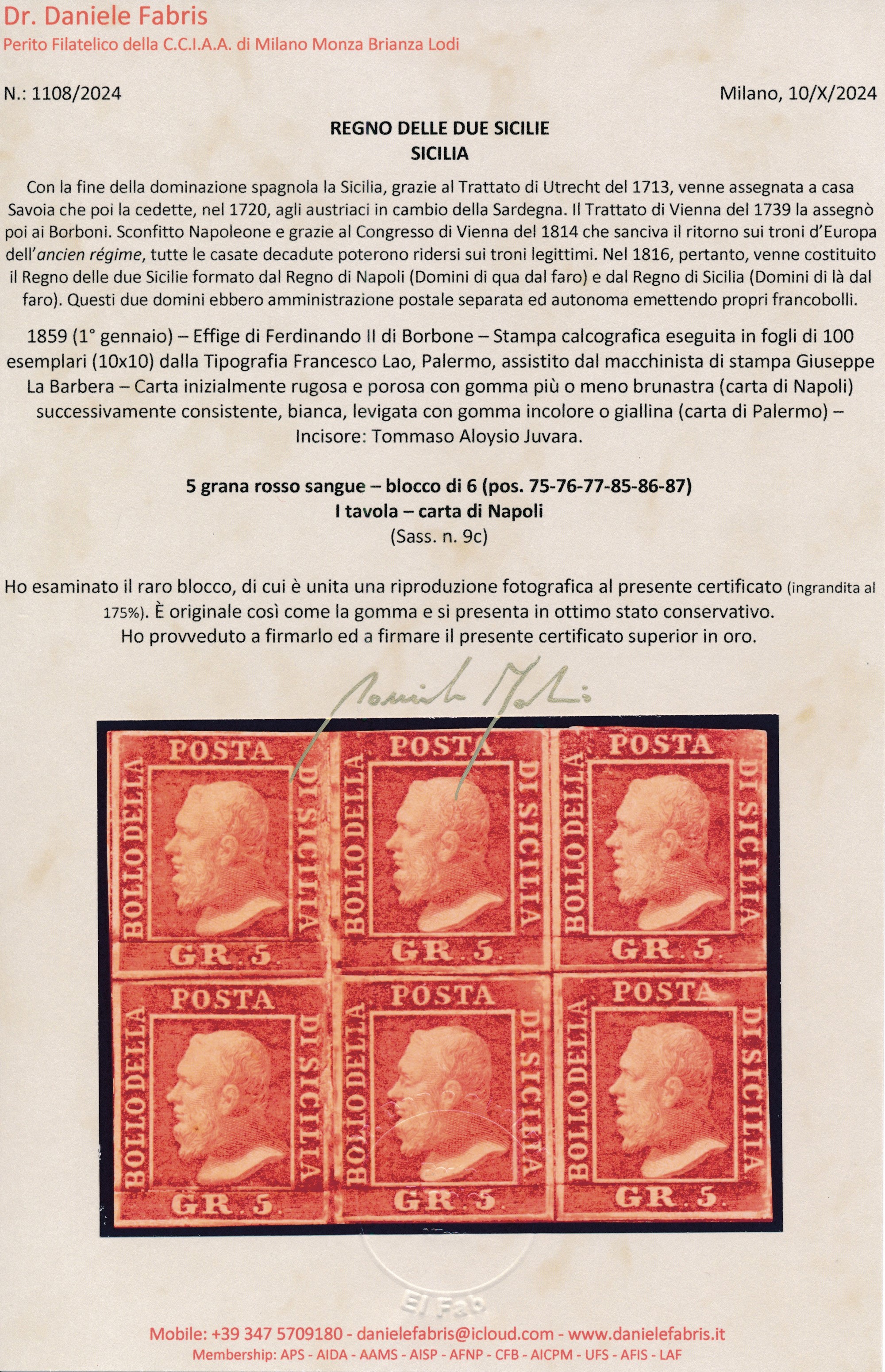 1859 - Regno delle Due Sicilie, Sicilia - Blocco di Sei Esemplari (pos. 75, 76, 77, 85, 86 e 87) ...