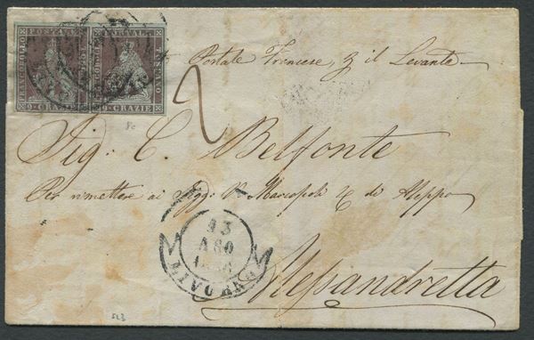 1856 - Granducato di Toscana - Coppia, ben marginata, del 9 crazie azzurro violaceo su azzurro (Sass. 7b) su lettera da Livorno ad Alessandretta (Impero turco) del 13 agosto via Piroscafo francese per il Levante.