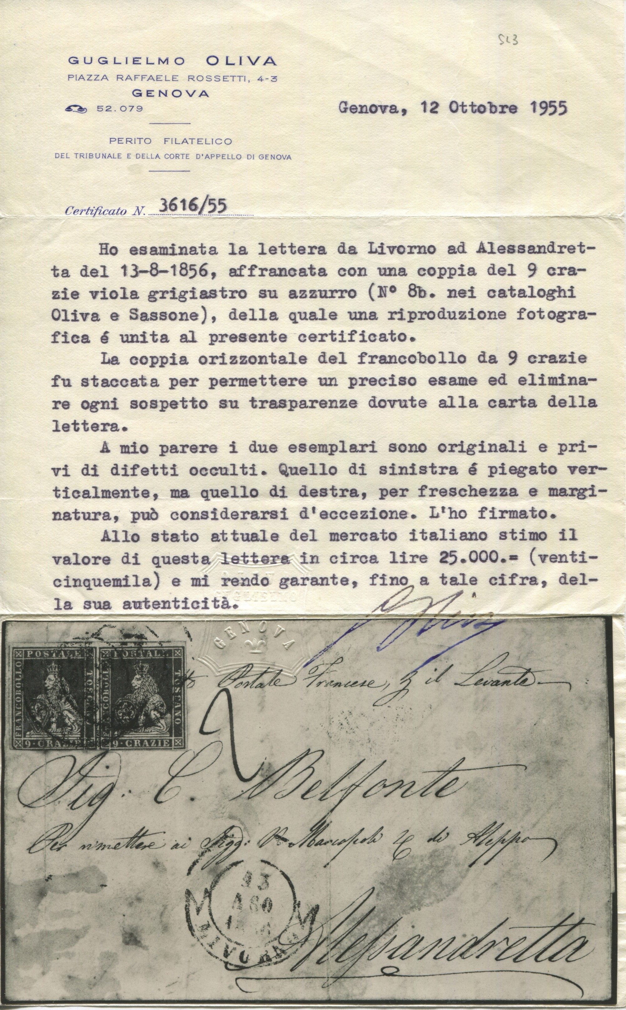 1856 - Granducato di Toscana - Coppia, Ben Marginata, del 9 Crazie Azzurro Violaceo su Azzurro (s...