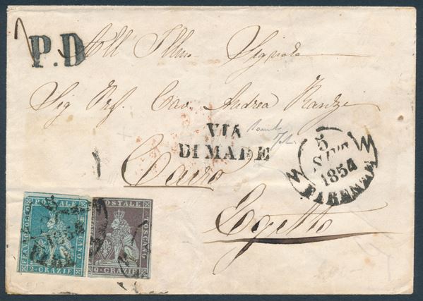 1854 - Granducato di Toscana - 2 crazie azzurro chiaro su grigio e 9 crazie bruno violaceo su azzurro (Sass. 5 e 8b), difetti di marginatura, su lettera da Firenze a Il Cairo del 5 settembre - Incoerenza di tariffa ne suggerisce la mancanza di un francobollo di cui si vede l’impronta residua - Raro bollo di Firenze VIA DI MARE in nero (RR Catalogo Salles) - La lettera transitò dall’ufficio francese di Alessandria d’Egitto al Cairo tramite LA POSTA EUROPEA DI ALESSANDRIA D’EGITTO.