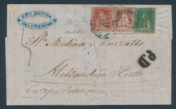 1858 - Granducato di Toscana - Posta Europea di Alessandria 60 crazie scarlatto cupo su grigio (Sass. 9), 1 crazia carminio su grigio (Sass. 4) e 4 crazie verde II emissione su lettera da Livorno ad Alessandria d’Egitto del 25 giugno (Archivio Luzzato)