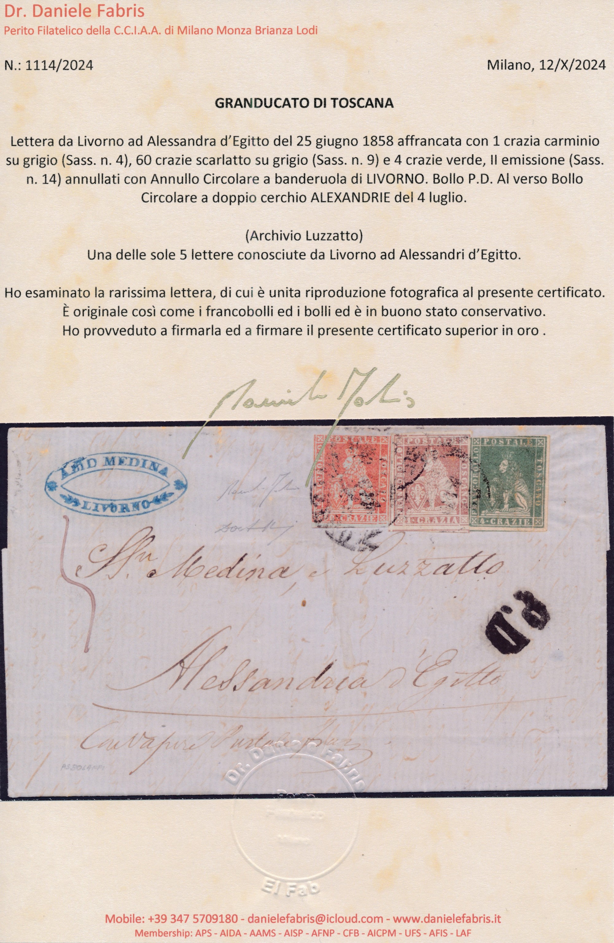 1858 - Granducato di Toscana - Posta Europea di Alessandria 60 Crazie Scarlatto Cupo su Grigio (s...