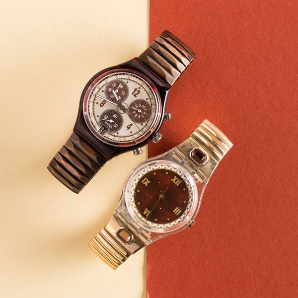 Swatch - Swatch bracciale elastico e Swatch Chrono con bracciale elastico NOS:  Swatch Chrono Brown Brush Swatch Reve D'Automne