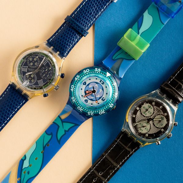 Swatch - Due Swatch Chrono e uno Swatch Scuba NOS:  Swatch Chrono Blue Function Swatch Scuba Pacific Beach Swatch Chrono Clerk