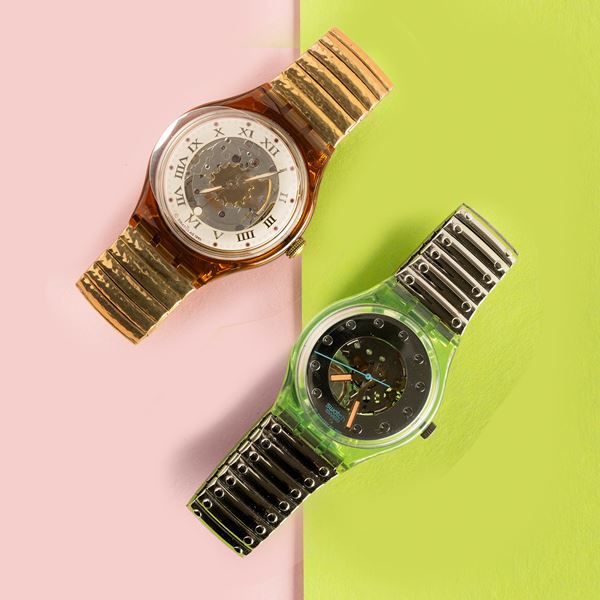 Swatch - Due Swatch bracciale elastico NOS:  Swatch Automatic Nugget Swatch Silver Rivet