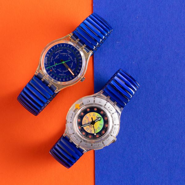 Swatch - Uno Swatch bracciale elastico e uno Swatch Scuba con bracciale elastico NOS:  Swatch Automatic Drop Swatch Scuba Spark Vessel