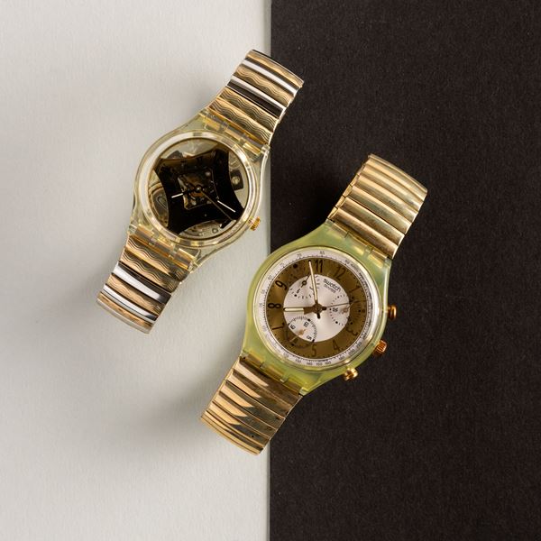 Swatch - Due Swatch bracciale elastico NOS:  Swatch White Onyx Swatch Golden Globe