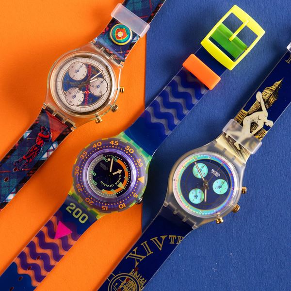 Swatch - Due Swatch Chrono e uno Swatch Scuba NOS:  Swatch Chrono Hole in One Swatch Scuba Coming Tide Swatch Chrono Special London