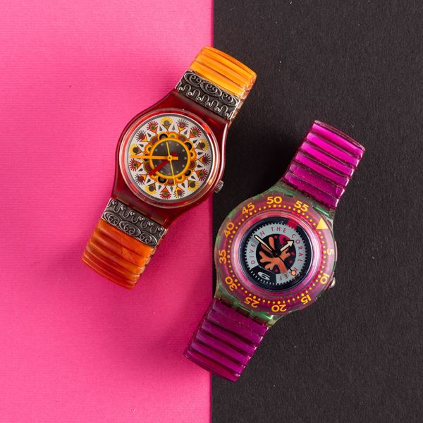 Swatch - Due Swatch bracciale elastico NOS:  Swatch Curry Powder Swatch Scuba Cherry Drops