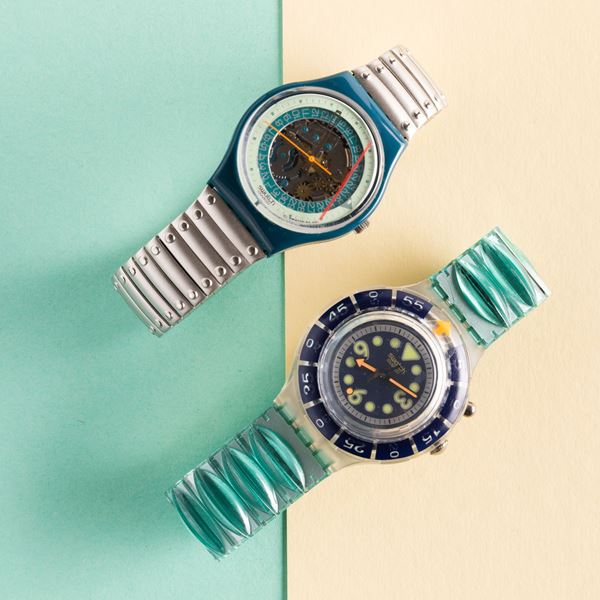 Swatch - Due Swatch bracciale elastico NOS:  Swatch Steel Lite Swatch Scuba Seetang