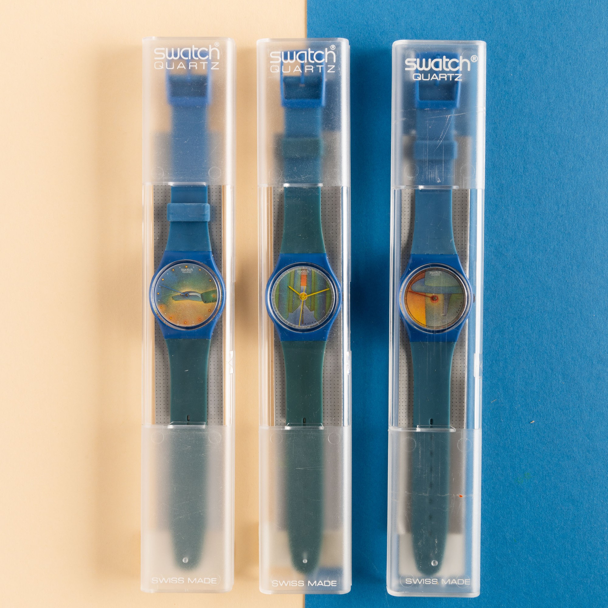 Tre Orologi Swatch Creati da Jean-michel Folon: le Temps (gz108), Voir (gz109) e Perspective (gz1...