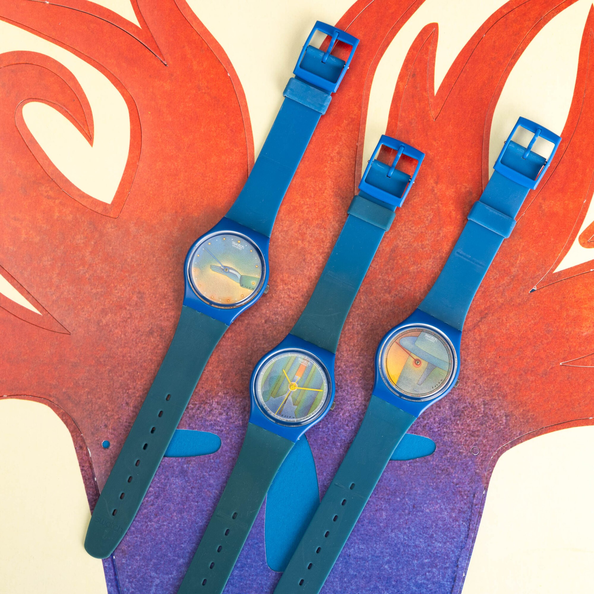 Tre Orologi Swatch Creati da Jean-michel Folon: le Temps (gz108), Voir (gz109) e Perspective (gz1...