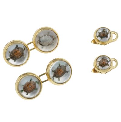 Montatura in oro giallo 750/1000, set di bottoni da polso e sparato con smalti policromi