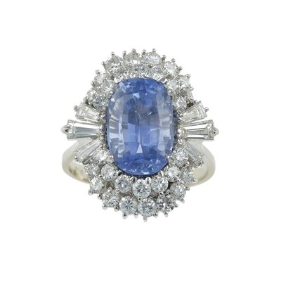 Anello con zaffiro del Sri Lanka e diamanti, in oro bianco 750/1000