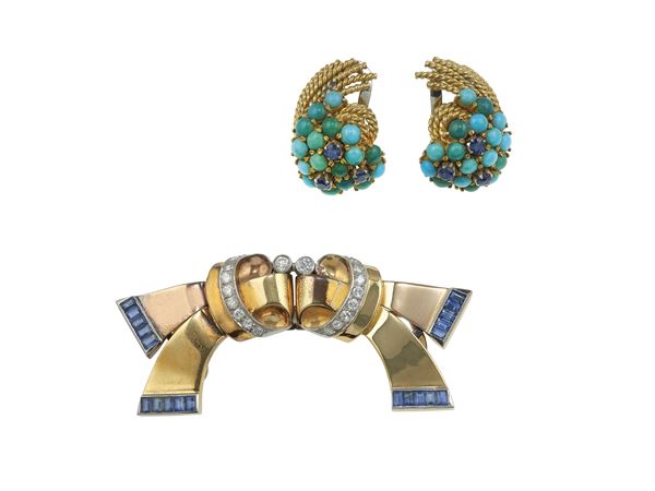 Pair of gold and turquoise earrings and gold, sapphire and diamond double clip brooch