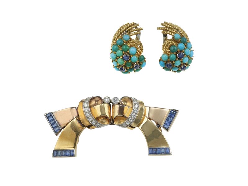 Pair of gold and turquoise earrings and gold, sapphire and diamond double clip brooch  - Auction Fine Jewels - Cambi Casa d'Aste