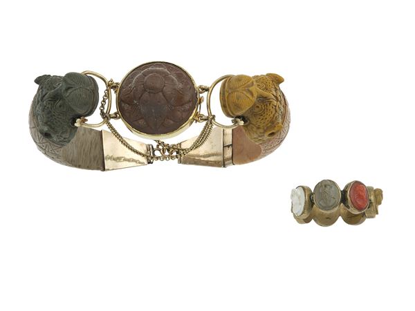Chalcedony, low-karat gold and metal demi-parure
