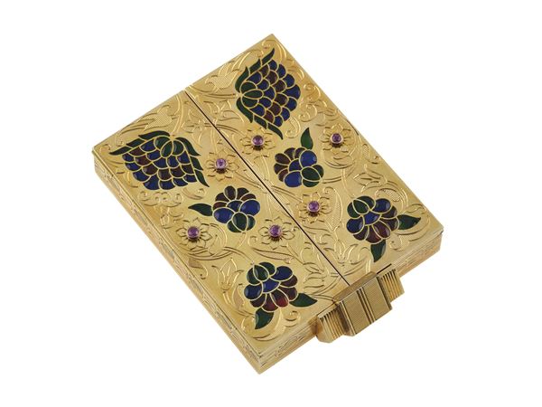 Vanity case con rubini taglio cabochon e smalto "plique-à-jour"