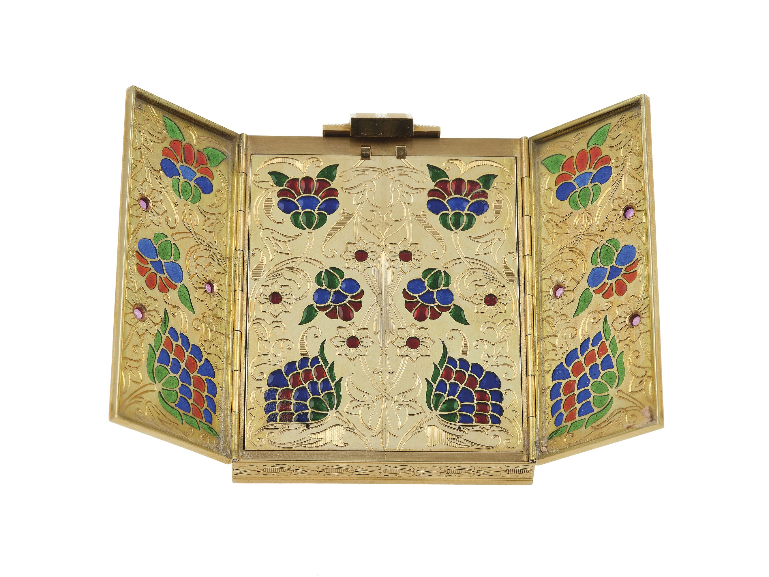 Vanity case in oro giallo 750/1000 con rubini cabochon e smalto "plique-à-jour"