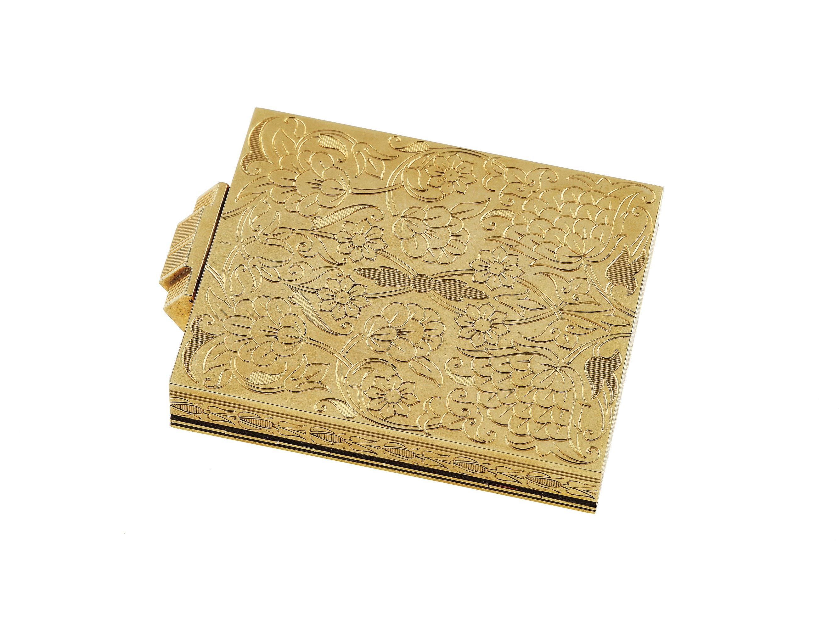 Vanity case in oro giallo 750/1000 con rubini cabochon e smalto "plique-à-jour"