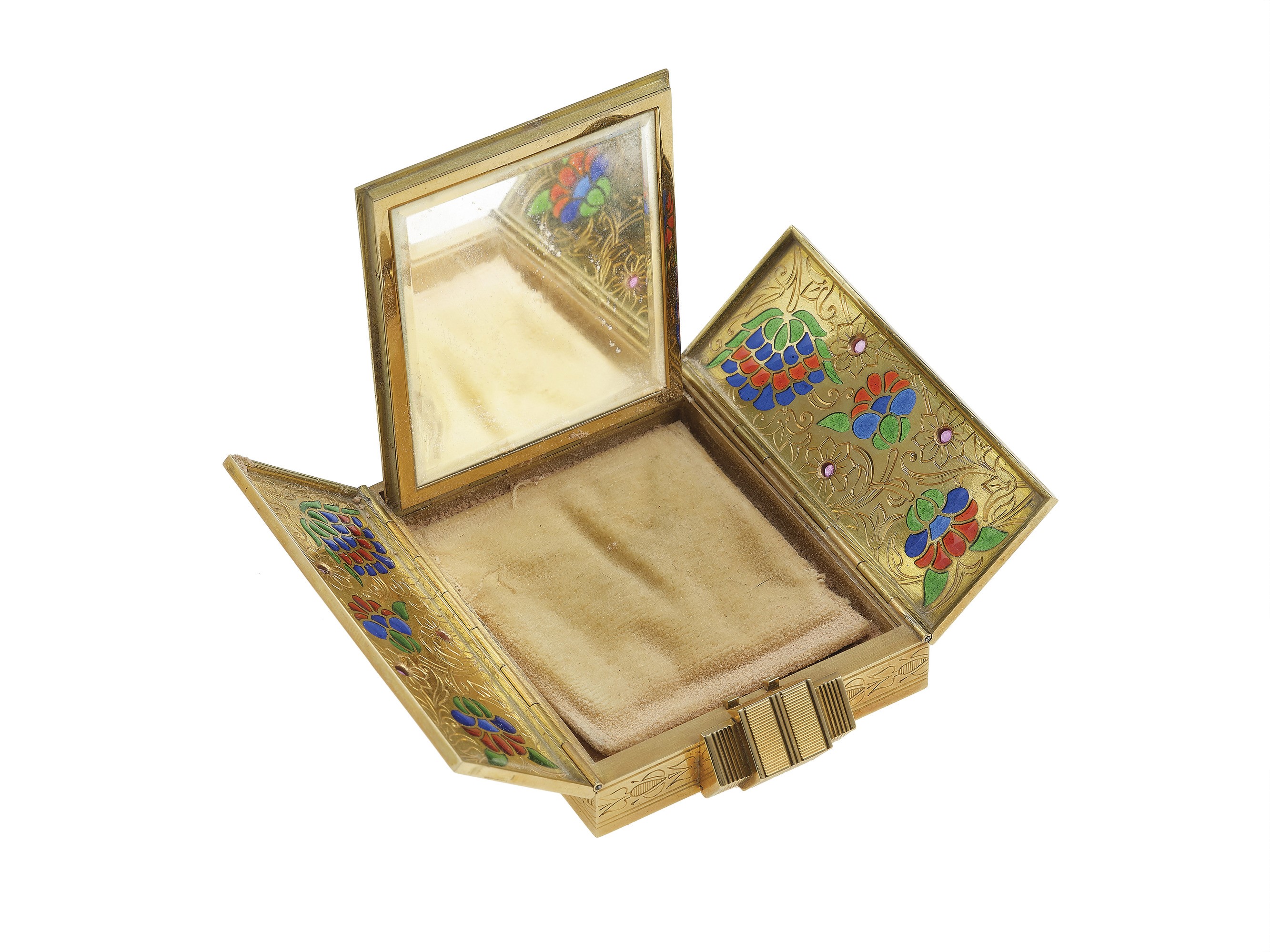 Vanity case in oro giallo 750/1000 con rubini cabochon e smalto "plique-à-jour"