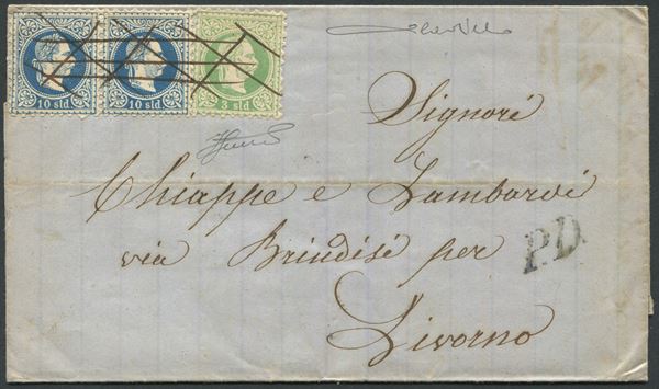 1871 - Levante austriaco - VI emissione effigie di Francesco Giuseppe volta a destra, 3s. verde giallo e coppia orizzontale 10s. azzurro (Unif. 2 e 4) su lettera diretta Livorno da Brindisi (bollo d’arrivo del. 9 settembre 1871).