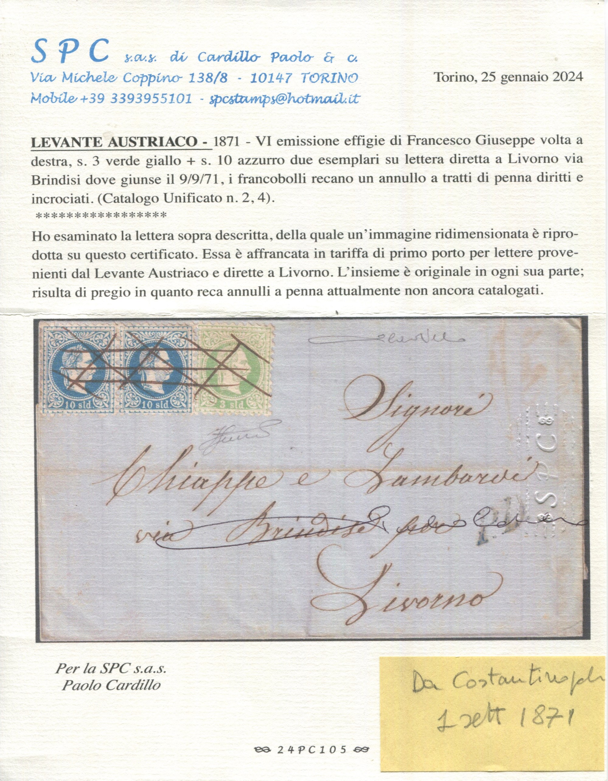 1871 - Levante Austriaco - Vi Emissione Effigie di Francesco Giuseppe Volta a Destra, 3s. Verde G...