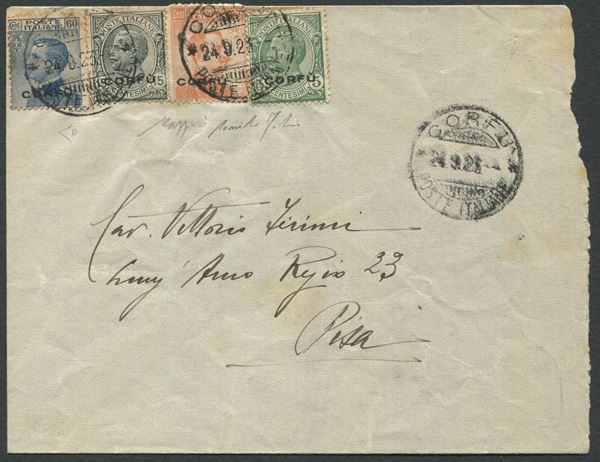 1923 - Occupazioni I guerra mondiale - Occupazione militare italiana - Corfù - Busta da Corfù a Pisa del 24 settembre affrancata con francobolli d’Italia, 1906-23, 5c. verde, 15c. grigio, 20c. arancio e 60c. azzurro soprastampati CORFU’ (Sass. 1, 3, 4 e 7).