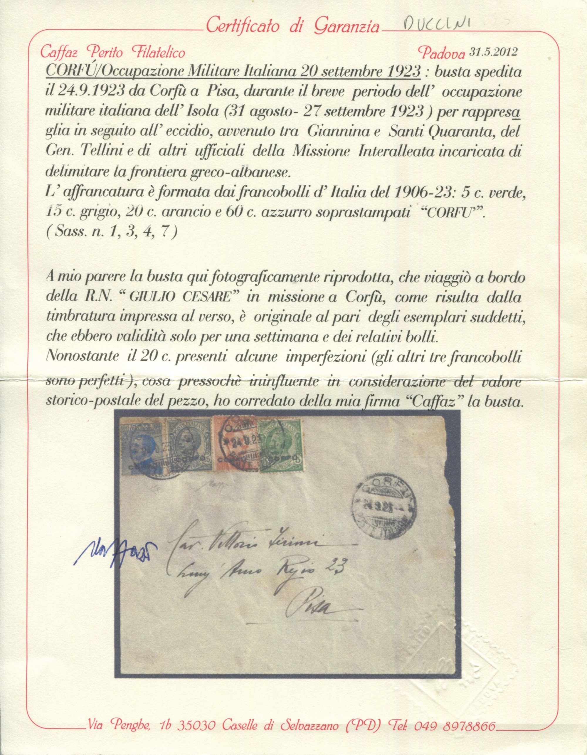 1923 - Occupazioni i Guerra Mondiale - Occupazione Militare Italiana - Corfù - Busta da Corfù a P...