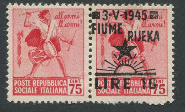 1945 - Occupazione straniera di territori italiani - Occupazione jugoslava di Fiume - Francobolli d’Italia del 1944-45 (Monumenti distrutti) sovrastampati - 16l. su 75c. rosa carminio - Coppia orrizontale di cui uno senza soprastampa (Sass. 19d)