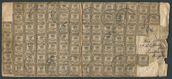 1901 - Spagna - Lettera da Siviglia a Southampton del 2 gennaio affrancata con ben 93 esemplari del framcobollo delle reggenza spagnola del 1873, 1/4 peseta verde giallo (Unif. 140)