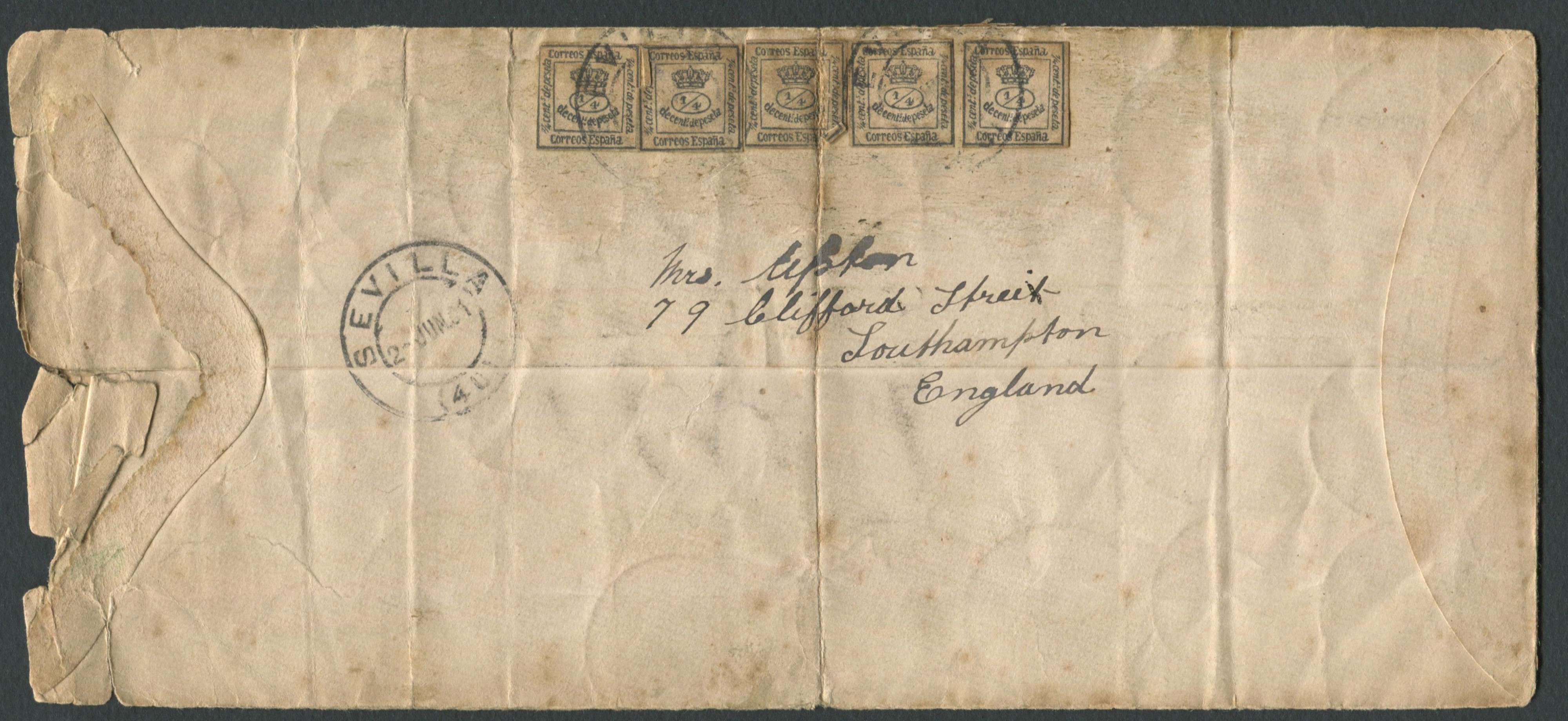 1901 - Spagna - Lettera da Siviglia a Southampton del 2 Gennaio Affrancata con Ben 93 Esemplari d...