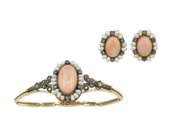 Coral, pearl, rose-cut diamond and gold demi-parure